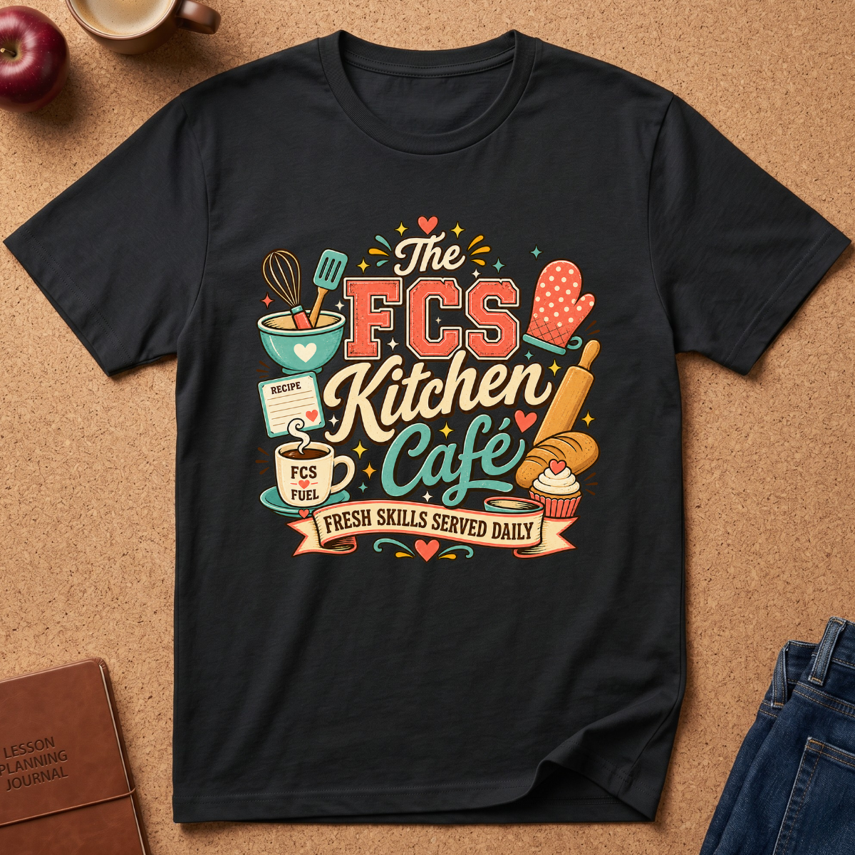 A black graphic t-shirt laid flat on a brown cork background, featuring a colorful retro-style kitchen cafe design with the text 'The FCS Kitchen Cafe' and 'Fresh Skills Served Daily'.