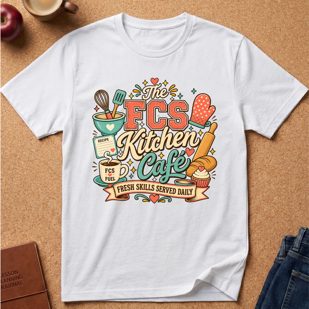 A white short-sleeve T-shirt laid flat on a cork surface, featuring a colorful retro-style kitchen graphic with the text 'The FCS Kitchen Cafe' and 'Fresh Skills Served Daily.' The shirt is styled with small props including an apple, a coffee cup, a notebook, and jeans.