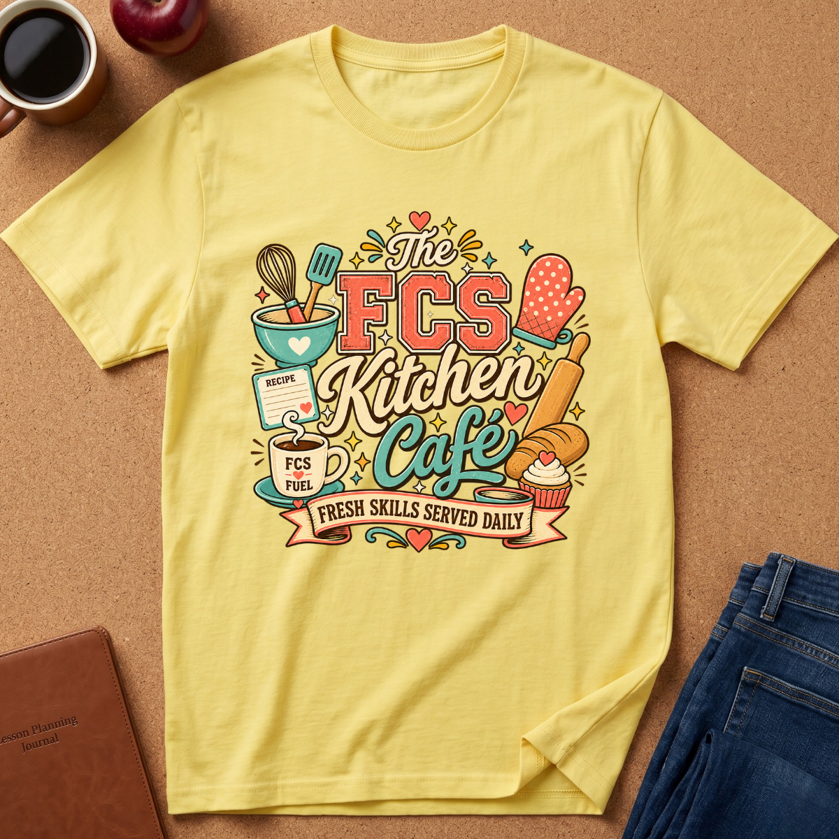 A light yellow graphic t-shirt laid flat on a cork background, surrounded by lifestyle props including a coffee mug, an apple, a notebook, and a pair of blue jeans. The t-shirt features a colorful retro-style graphic that reads 'The FCS Kitchen Cafe' with illustrations of a coffee mug, whisk, spatula, muffin tin, cupcake, and croissant.