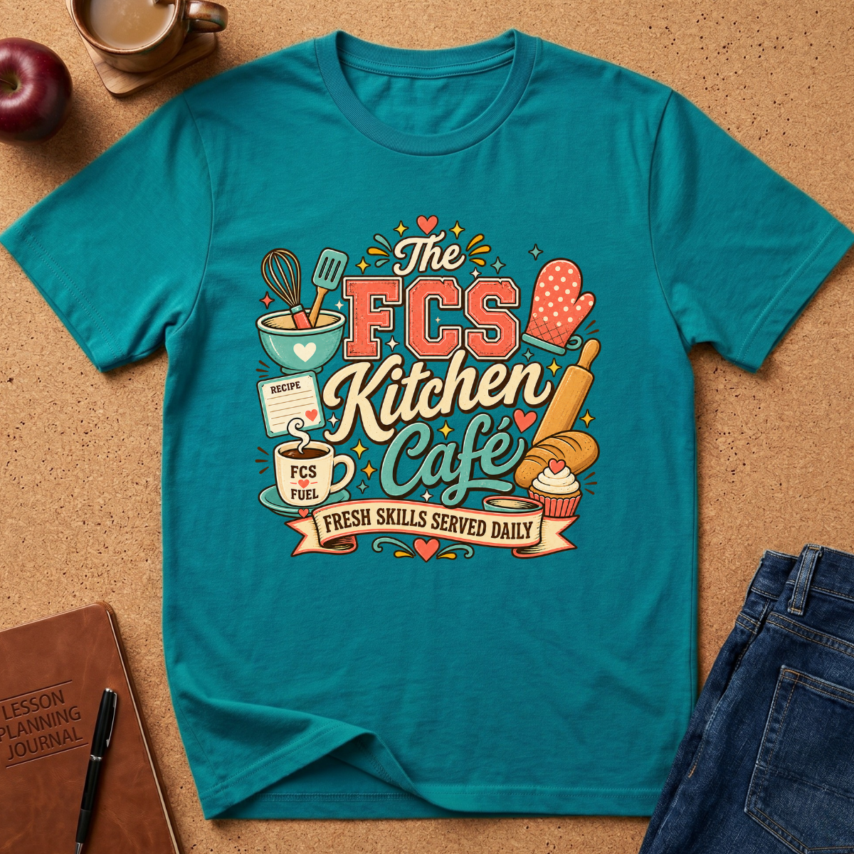 A teal graphic t-shirt laid flat on a cork surface, surrounded by lifestyle props including an apple, a coffee cup, a notebook, and jeans. The shirt features a colorful retro-style graphic that reads 'The FCS Kitchen Cafe' with illustrations of kitchen utensils, a cupcake, and a pastry.