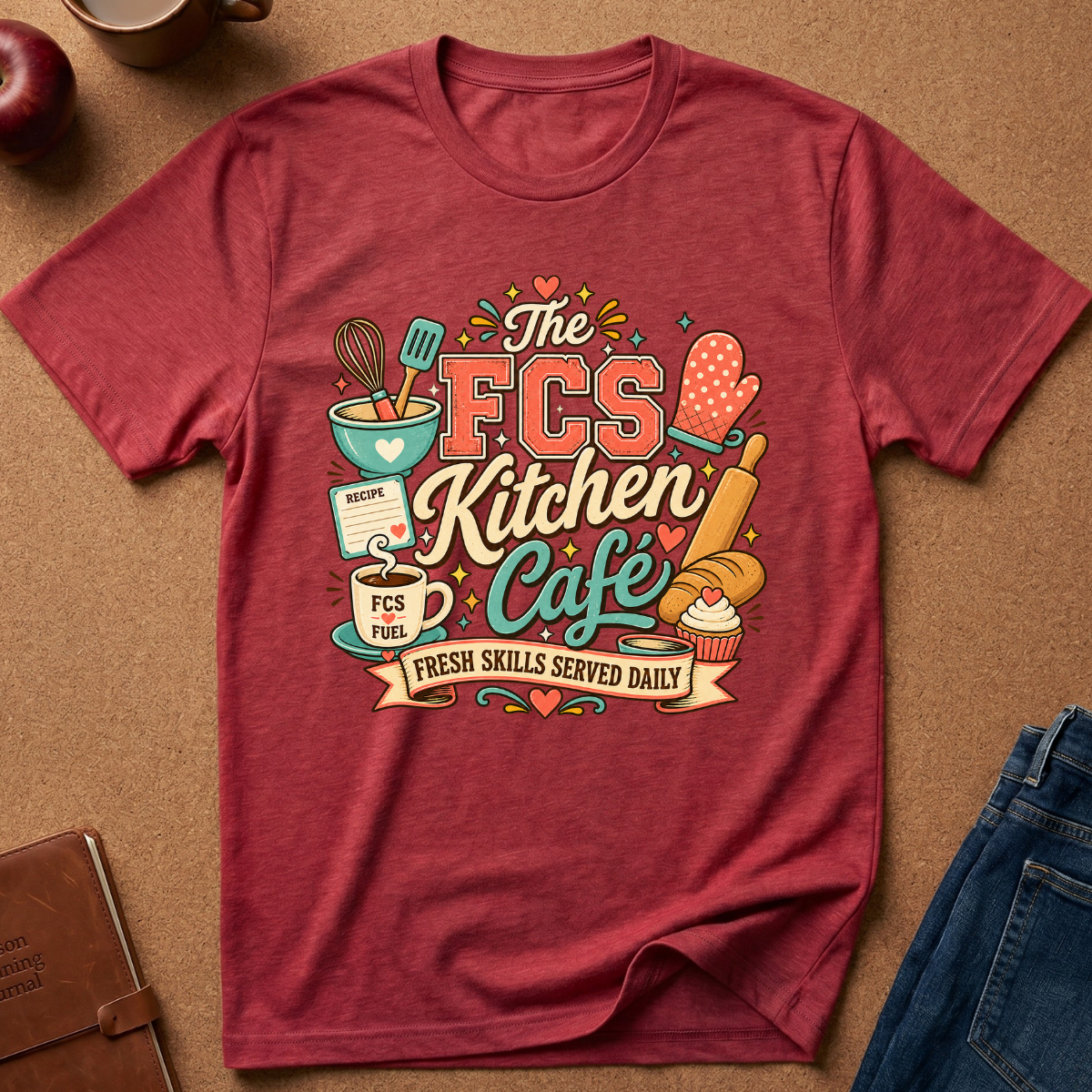 A heathered red graphic t-shirt laid flat on a brown cork-like surface, featuring a colorful 'The FCS Kitchen Cafe' design with kitchen utensils, a cupcake, and a banner reading 'Fresh Skills Served Daily.' Partial jeans, a notebook, an apple, and a mug are visible around the shirt as styled props.