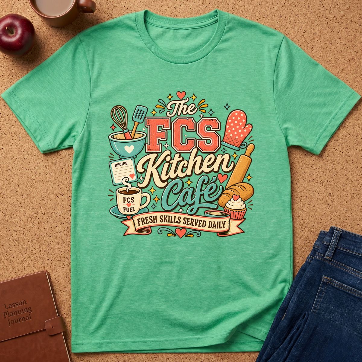 A mint green graphic t-shirt laid flat on a cork background, styled with an apple, coffee cup, notebook, and blue jeans. The t-shirt features a colorful retro-style graphic that reads 'The FCS Kitchen Cafe' with illustrations of kitchen utensils, a mug, a cupcake, and a pastry.