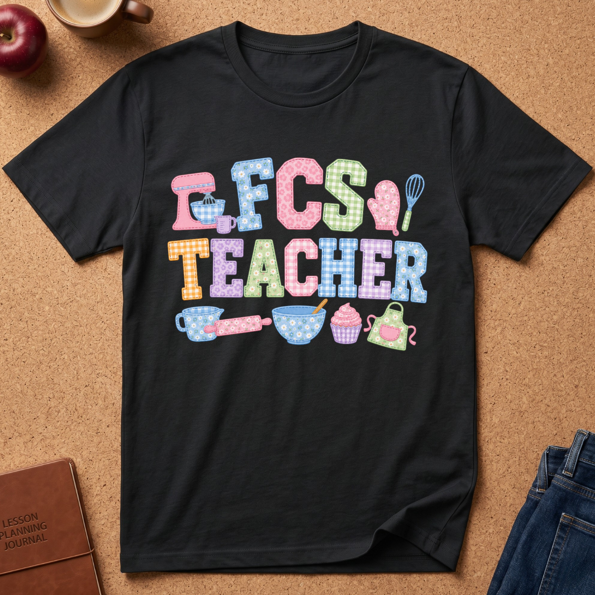 A black short-sleeve graphic T-shirt laid flat on a cork background, featuring the words “FCS TEACHER” in pastel checkered letters with cute school and kitchen-themed illustrations below. Styled flat-lay props include an apple, coffee cup, journal, and jeans.
