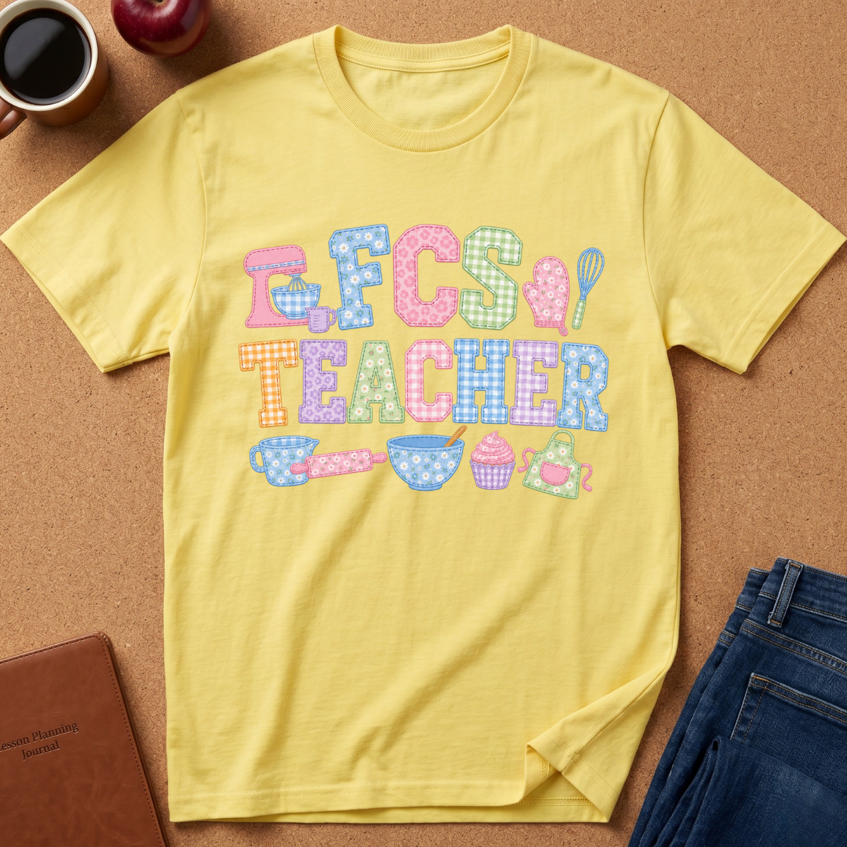 A yellow short-sleeve graphic T-shirt laid flat on a cork surface, featuring the words “EFCS TEACHER” in pastel checkered letters with small pastel teaching-themed icons beneath. Surrounding props include a coffee cup, apple, notebook, and folded jeans.