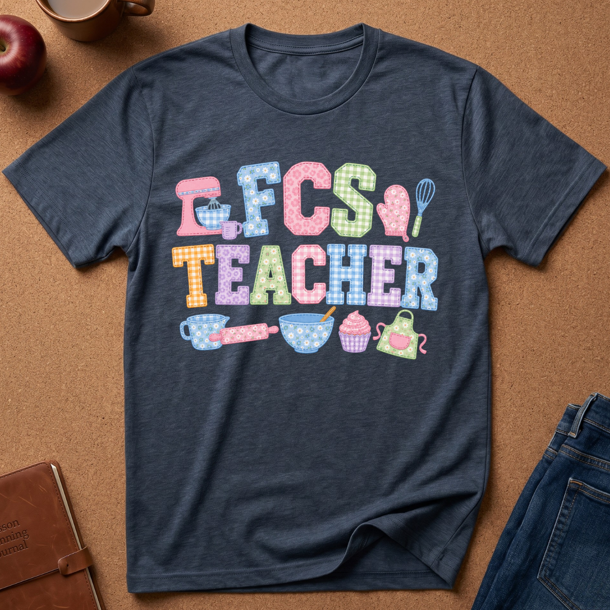 A navy blue heather t-shirt with a colorful 'FCS TEACHER' graphic made of kitchen utensils and items, laid flat on a brown cork background with jeans, a notebook, and an apple partially visible.