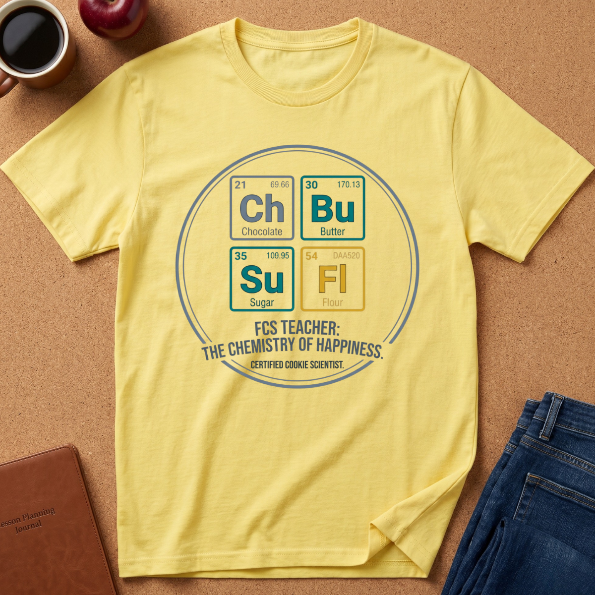 A pale yellow graphic T-shirt laid flat on a cork surface, surrounded by lifestyle props including a coffee cup, apple, notebook, and jeans. The shirt features a circular periodic-table-style design with the words 'FCS TEACHER: THE CHEMISTRY OF HAPPINESS' and small labeled tiles for Ch, Bu, Su, and Fl.