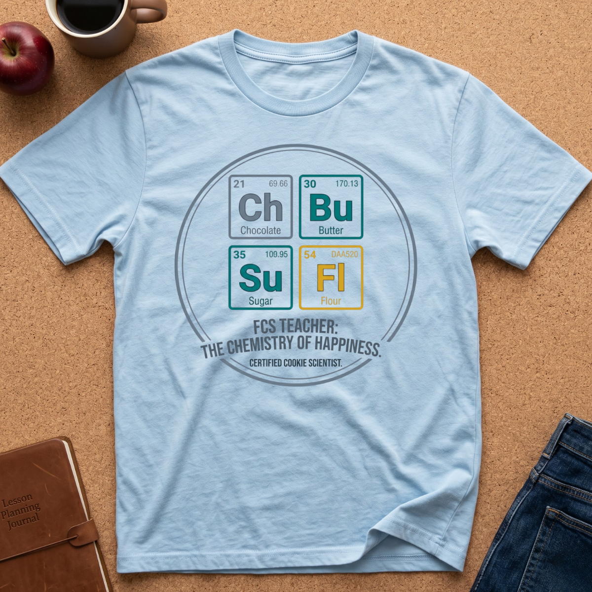 A light blue crewneck t-shirt laid flat on a cork board background, featuring a periodic table-style graphic of chemical symbols for chocolate, butter, sugar, and flour, with the text 'FCS TEACHER: THE CHEMISTRY OF HAPPINESS' and 'CERTIFIED COME SCIENTIST!'. A coffee mug, apple, notebook, and jeans are partially visible around the shirt.