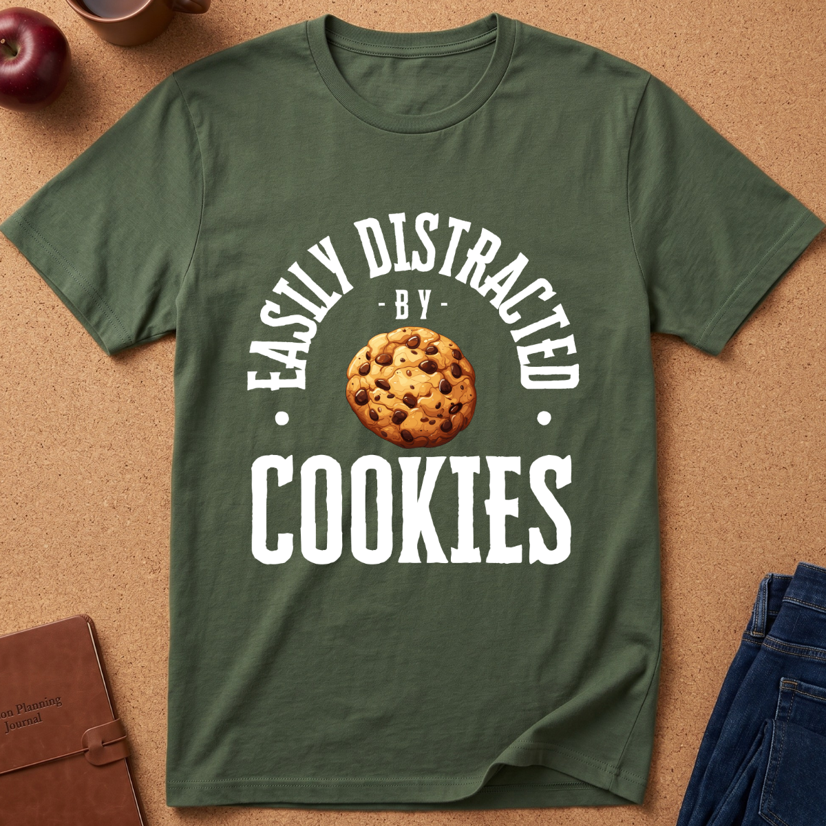 An olive green short-sleeve t-shirt laid flat on a cork background, featuring a white graphic that reads 'EASILY DISTRACTED BY COOKIES' around an illustration of a chocolate chip cookie. A brown leather notebook, a red apple, and blue jeans are partially visible as flat-lay props.
