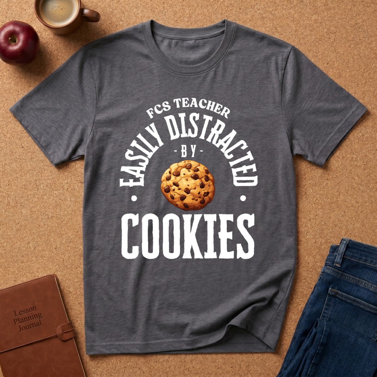 A dark gray graphic t-shirt laid flat on a cork background, featuring a white printed design that reads 'FCS TEACHER EASILY DISTRACTED BY COOKIES' around an illustration of a chocolate chip cookie. Styled flat-lay props include an apple, a coffee cup, a notebook, and blue jeans.