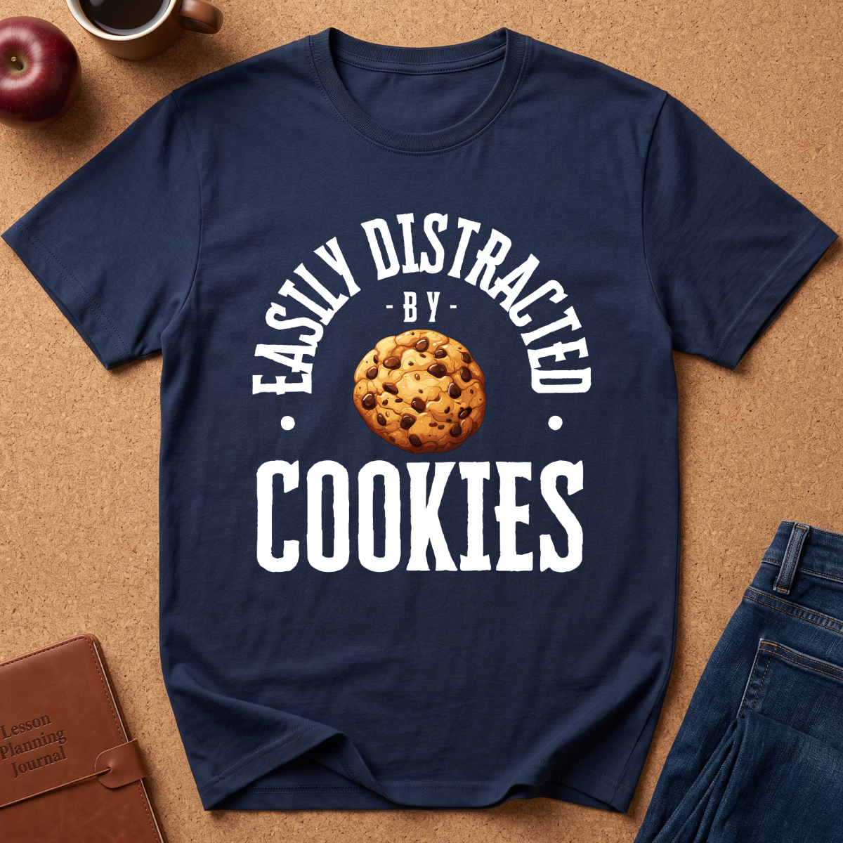 A navy blue graphic t-shirt laid flat on a brown cork background, featuring the text 'EASILY DISTRACTED BY COOKIES' in white around a chocolate chip cookie illustration. Styled flat-lay props include an apple, a coffee cup, a brown journal, and blue jeans.