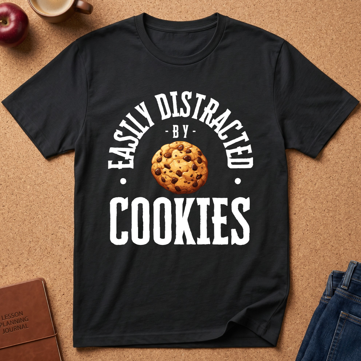 A black short-sleeve graphic T-shirt laid flat on a cork surface, featuring the phrase 'EASILY DISTRACTED BY COOKIES' in white around a chocolate chip cookie illustration. A brown journal, apple, mug, and blue jeans are partially visible as styled props.