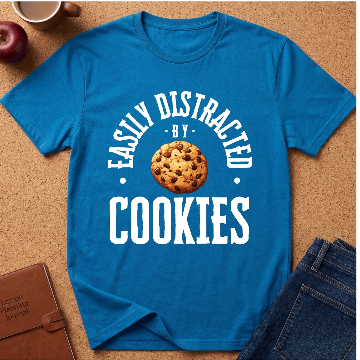 A bright blue short-sleeve graphic T-shirt laid flat on a cork background, featuring the phrase 'EASILY DISTRACTED BY COOKIES' in white around a chocolate chip cookie illustration. Surrounding props include an apple, a mug, a notebook, and jeans.