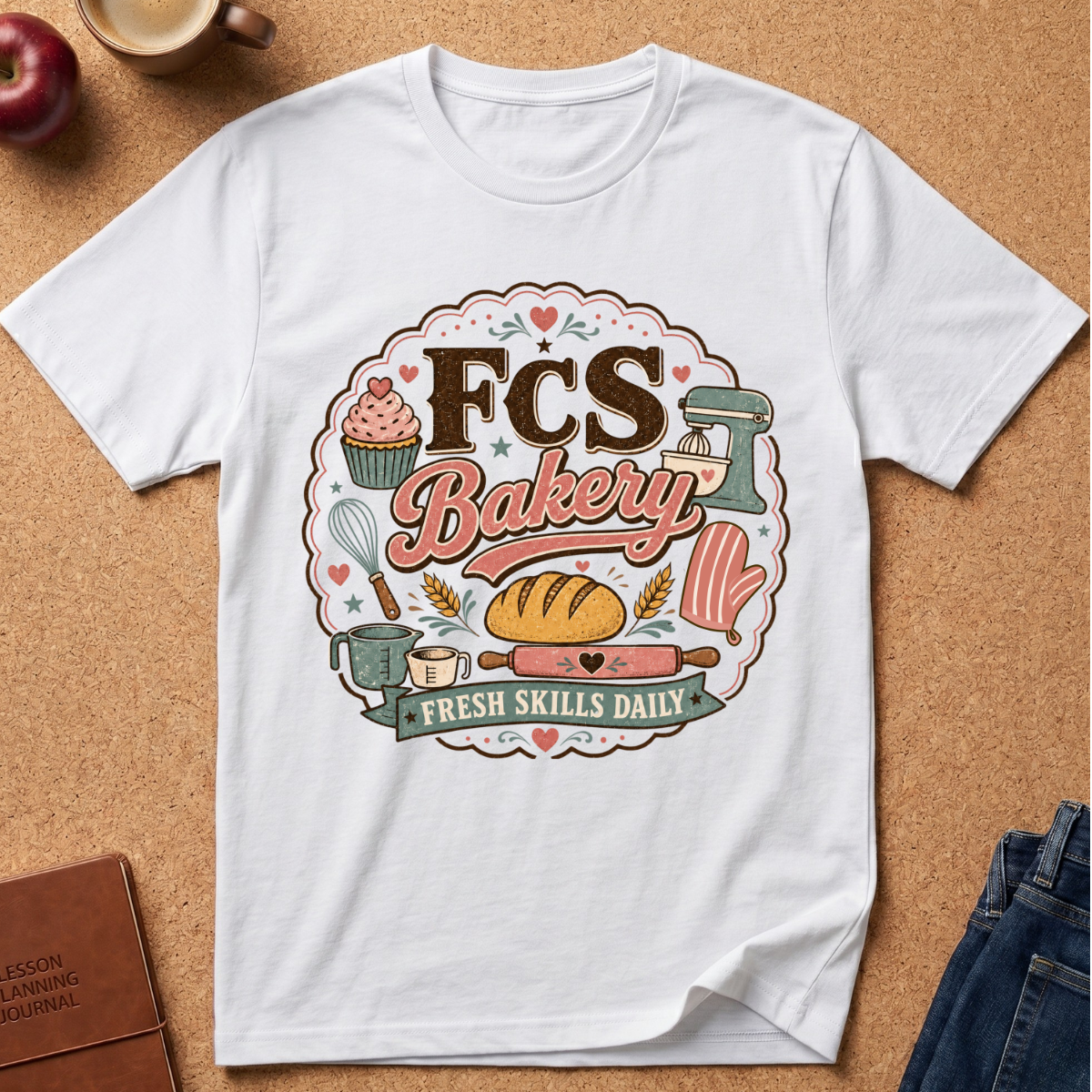 A white short-sleeve graphic T-shirt laid flat on a cork background, featuring a colorful bakery-themed circular print with the words 'FCS Bakery' and illustrations of bread, cupcakes, a mixer, a whisk, and a rolling pin. Styled flat-lay props include an apple, a coffee cup, a brown journal, and blue jeans.