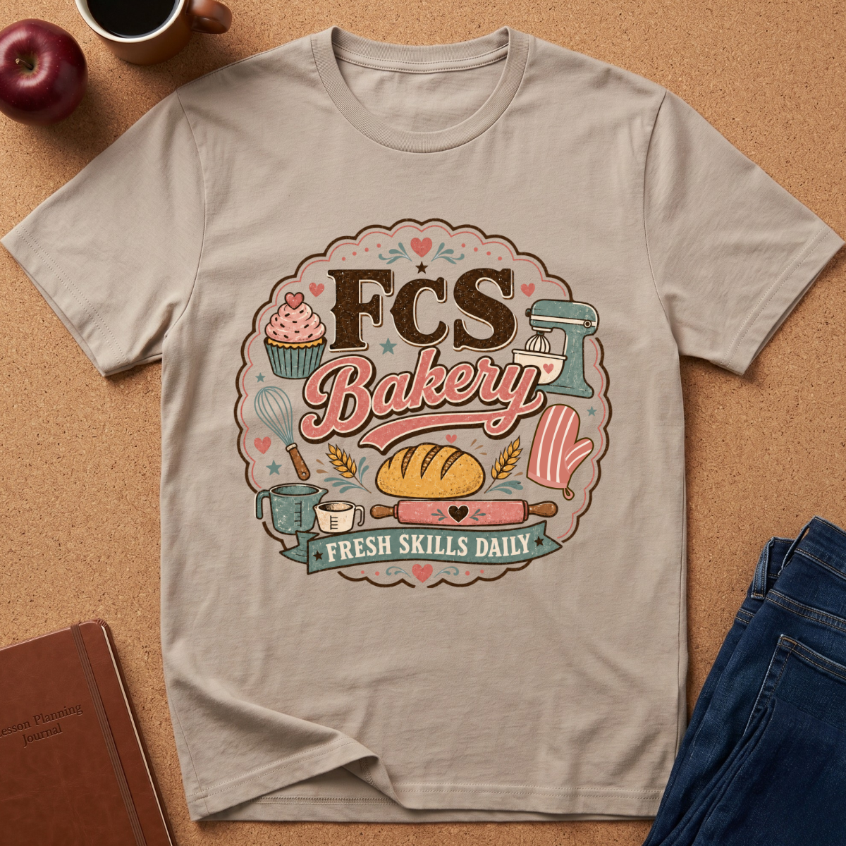 A light beige graphic t-shirt laid flat on a brown cork background, surrounded by lifestyle props including an apple, a coffee cup, a notebook, and a pair of blue jeans. The t-shirt features a colorful retro-style bakery graphic with the text 'FCS Bakery' and 'Fresh Skills Daily' surrounded by illustrations of a cupcake, bread, a stand mixer, and baking tools.