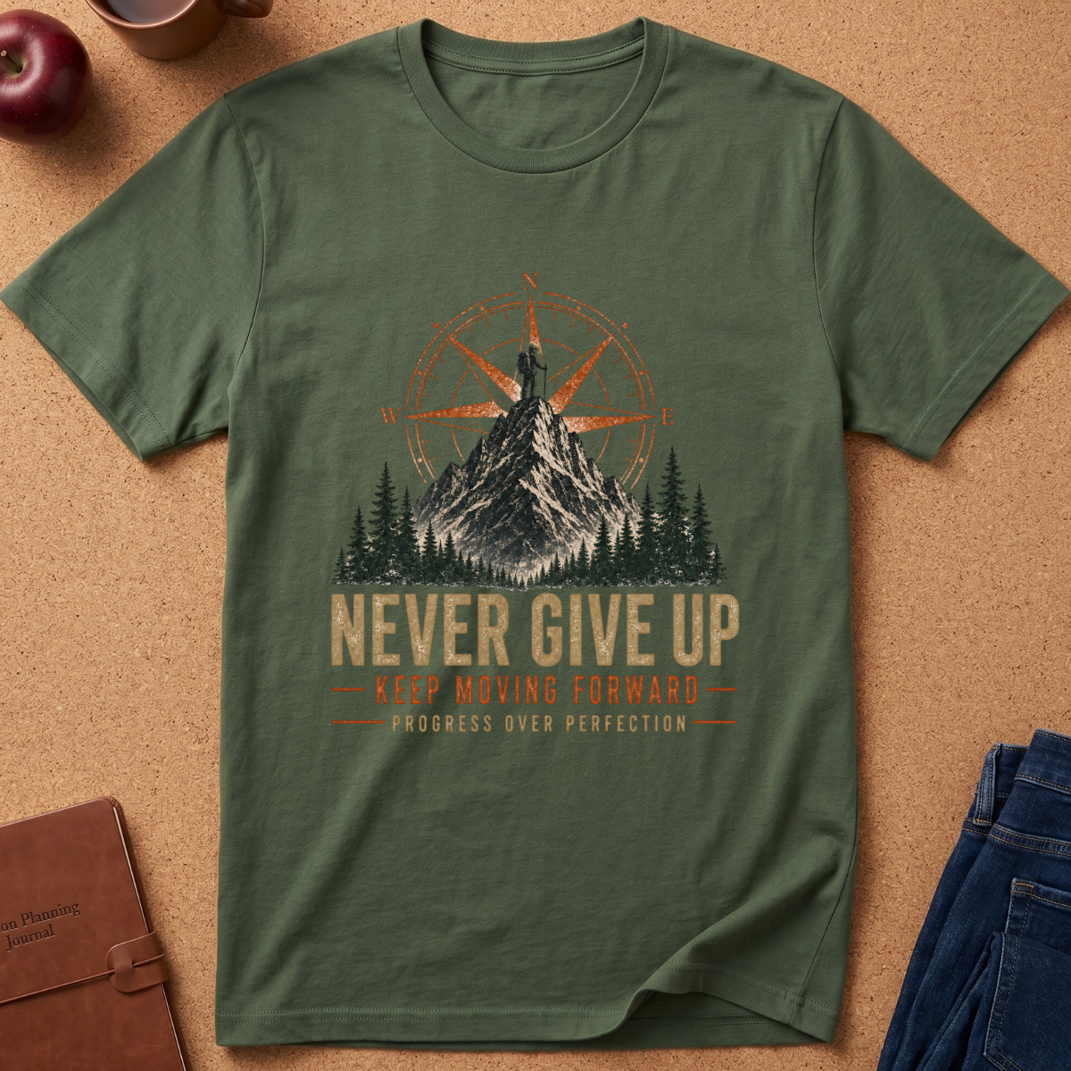 An olive green short-sleeve t-shirt laid flat on a cork background, featuring a mountain and compass graphic with the text 'NEVER GIVE UP', 'KEEP MOVING FORWARD', and 'PROGRESS OVER PERFECTION'.