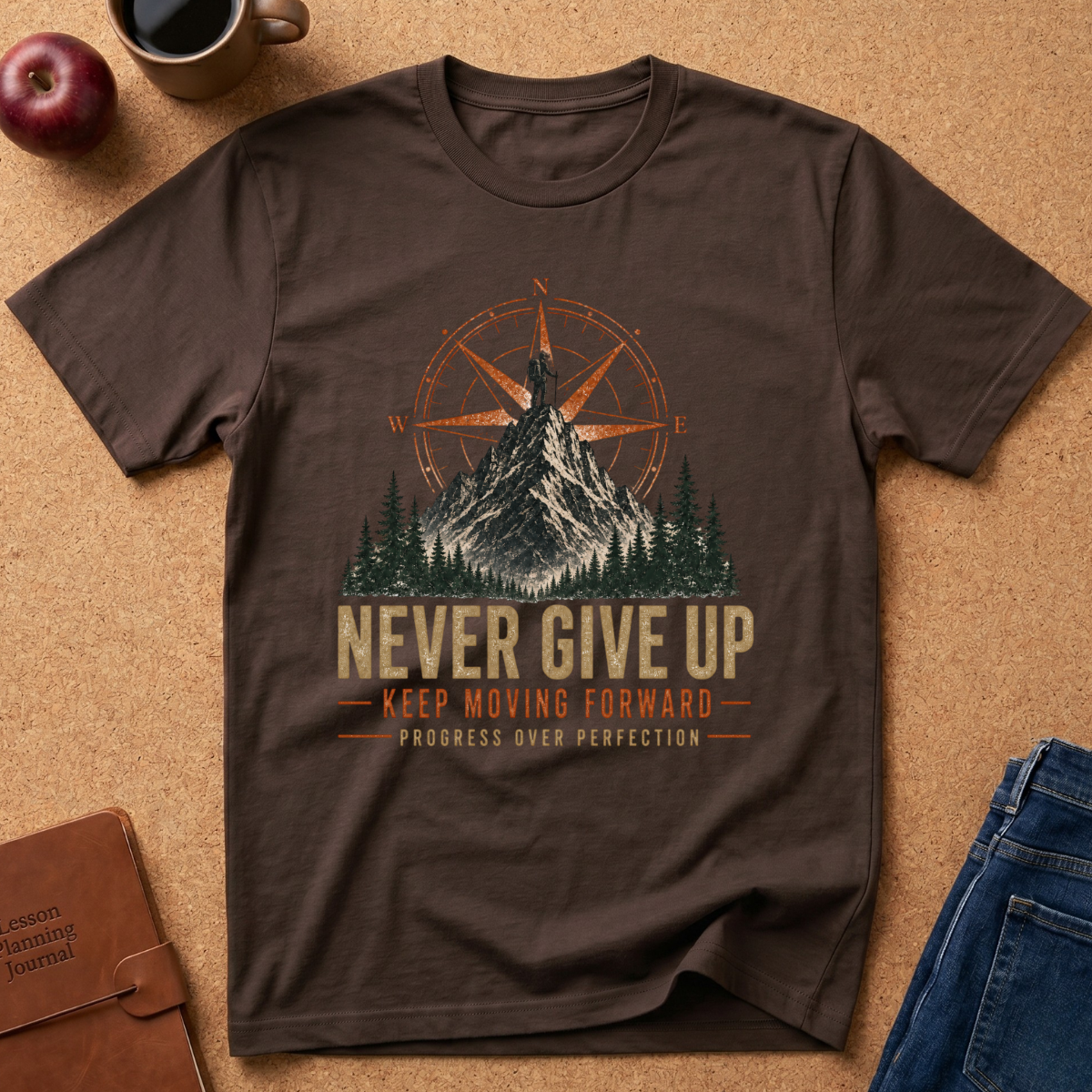 A dark brown graphic t-shirt laid flat on a cork background, surrounded by lifestyle props including a coffee mug, an apple, a leather journal, and blue jeans. The t-shirt features a mountain and compass graphic with the motivational text 'NEVER GIVE UP KEEP MOVING FORWARD PROGRESS OVER PERFECTION'.