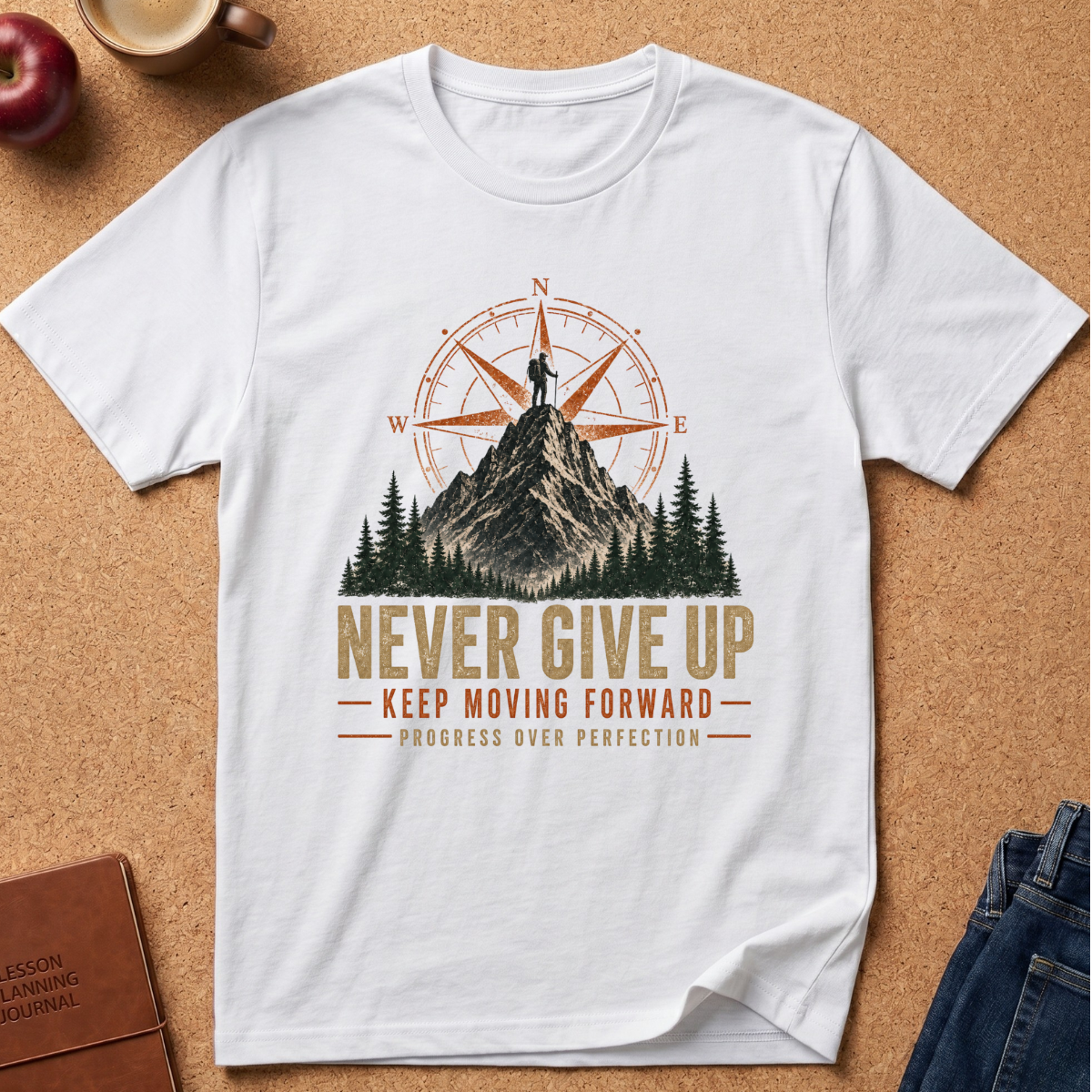 A white short-sleeve graphic T-shirt laid flat on a cork background, featuring a mountain and compass design with the text 'NEVER GIVE UP', 'KEEP MOVING FORWARD', and 'PROGRESS OVER PERFECTION'.