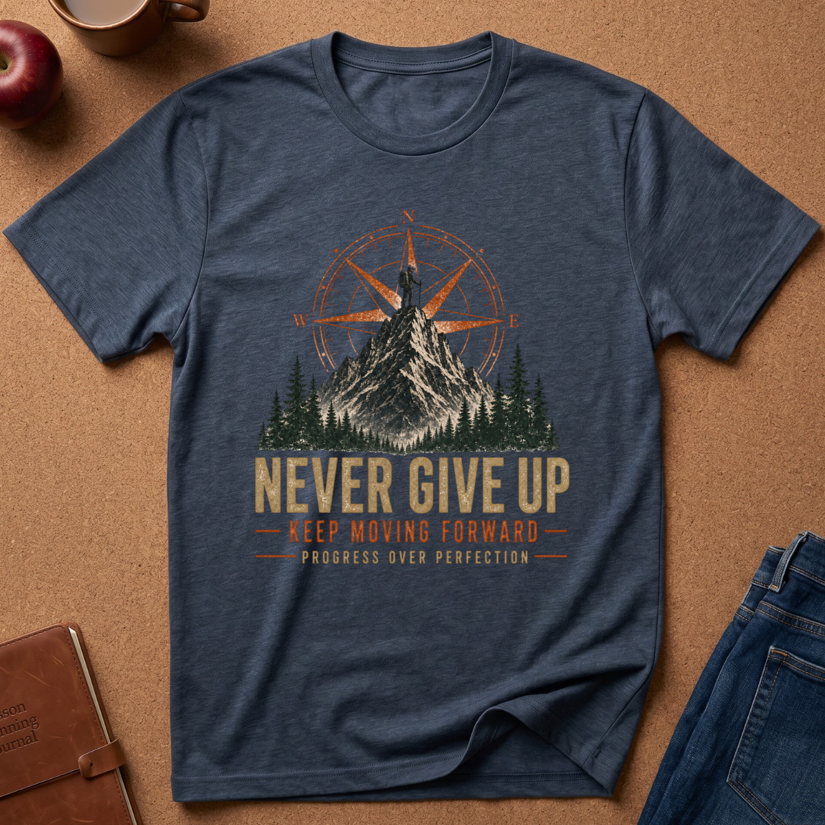 A navy blue graphic t-shirt laid flat on a brown cork background, surrounded by lifestyle props including an apple, a leather notebook, a coffee mug, and blue jeans. The t-shirt features a distressed graphic of a mountain and compass rose with the text 'NEVER GIVE UP', 'KEEP MOVING FORWARD', and 'PROGRESS OVER PERFECTION'.