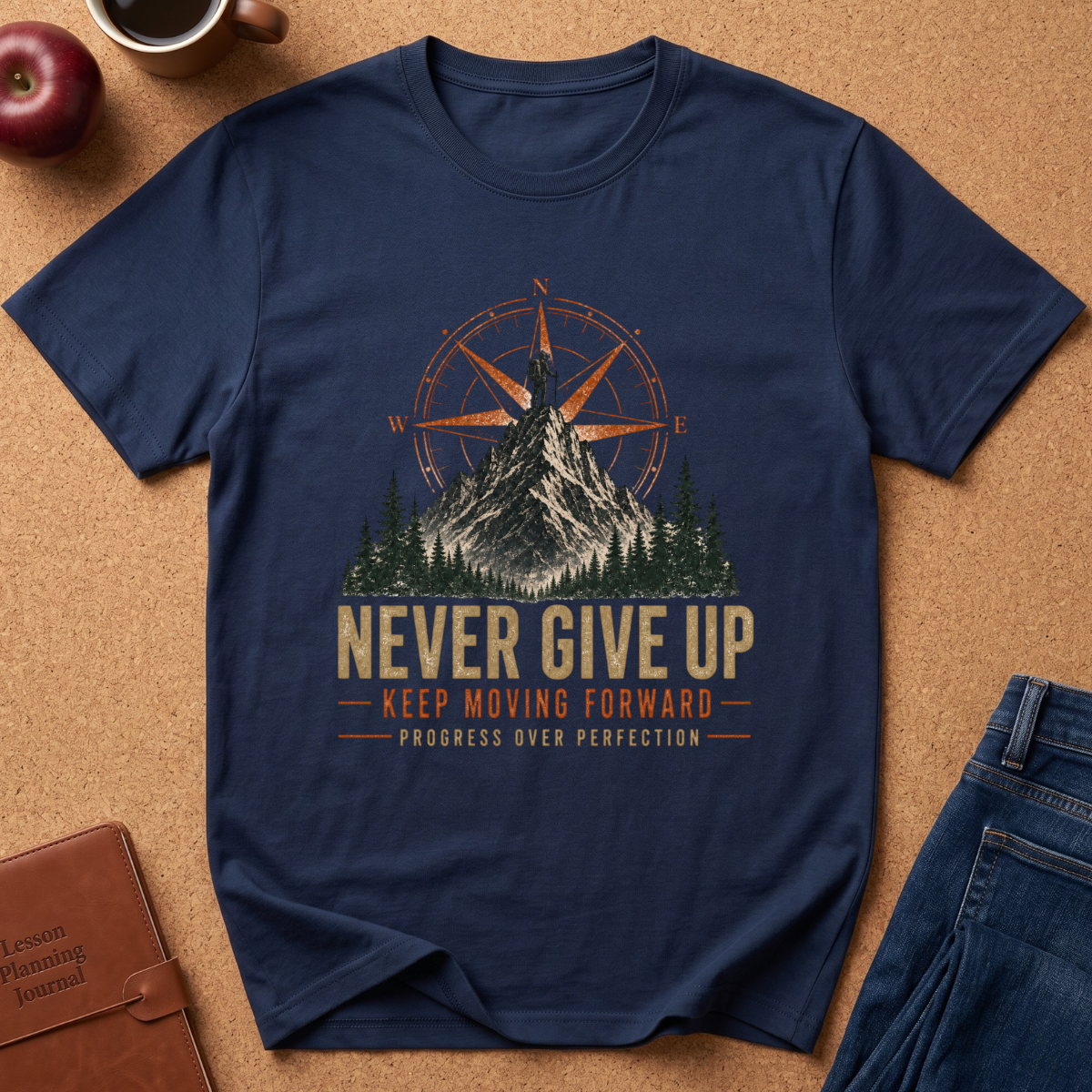 A navy blue short-sleeve graphic t-shirt laid flat on a cork background, surrounded by lifestyle props including a brown leather journal, an apple, a coffee mug, and blue jeans. The t-shirt features a vintage-style graphic of a mountain under a compass rose with the text 'NEVER GIVE UP KEEP MOVING FORWARD PROGRESS OVER PERFECTION'.