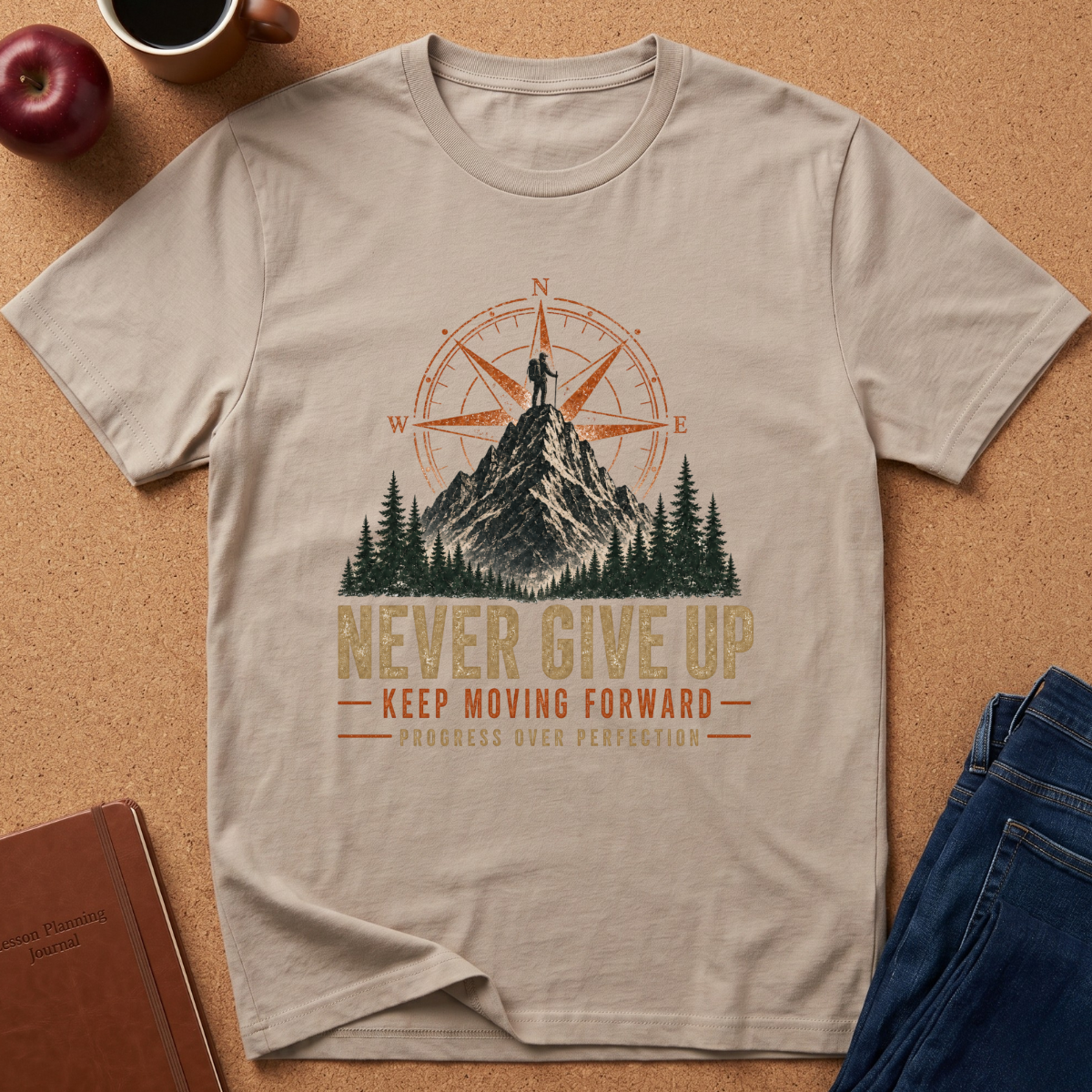 A beige graphic t-shirt laid flat on a cork background, featuring a mountain and compass design with the text 'NEVER GIVE UP', 'KEEP MOVING FORWARD', and 'PROGRESS OVER PERFECTION'. A red apple, coffee cup, notebook, and blue jeans are styled around it.