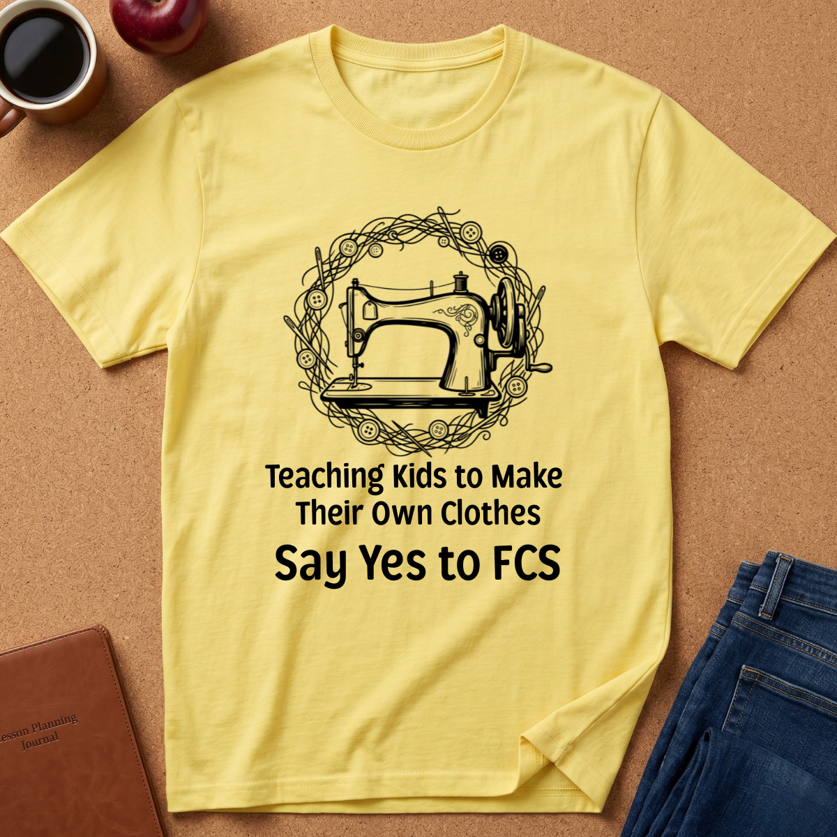 A pale yellow graphic T-shirt laid flat on a cork-like surface, with a black sewing machine illustration and the text 'Teaching Kids to Make Their Own Clothes Say Yes to FCS.' Surrounding props include a coffee cup, apple, notebook, and folded jeans.