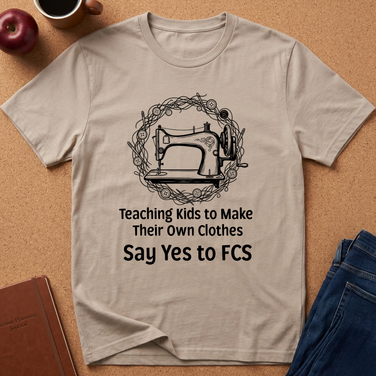 A light beige graphic t-shirt laid flat on a brown cork background, surrounded by lifestyle props including an apple, a coffee cup, a notebook, and blue jeans. The t-shirt features a black graphic of a sewing machine inside a circle of yarn, with the text 'Teaching Kids to Make Their Own Clothes Say Yes to FCS'.