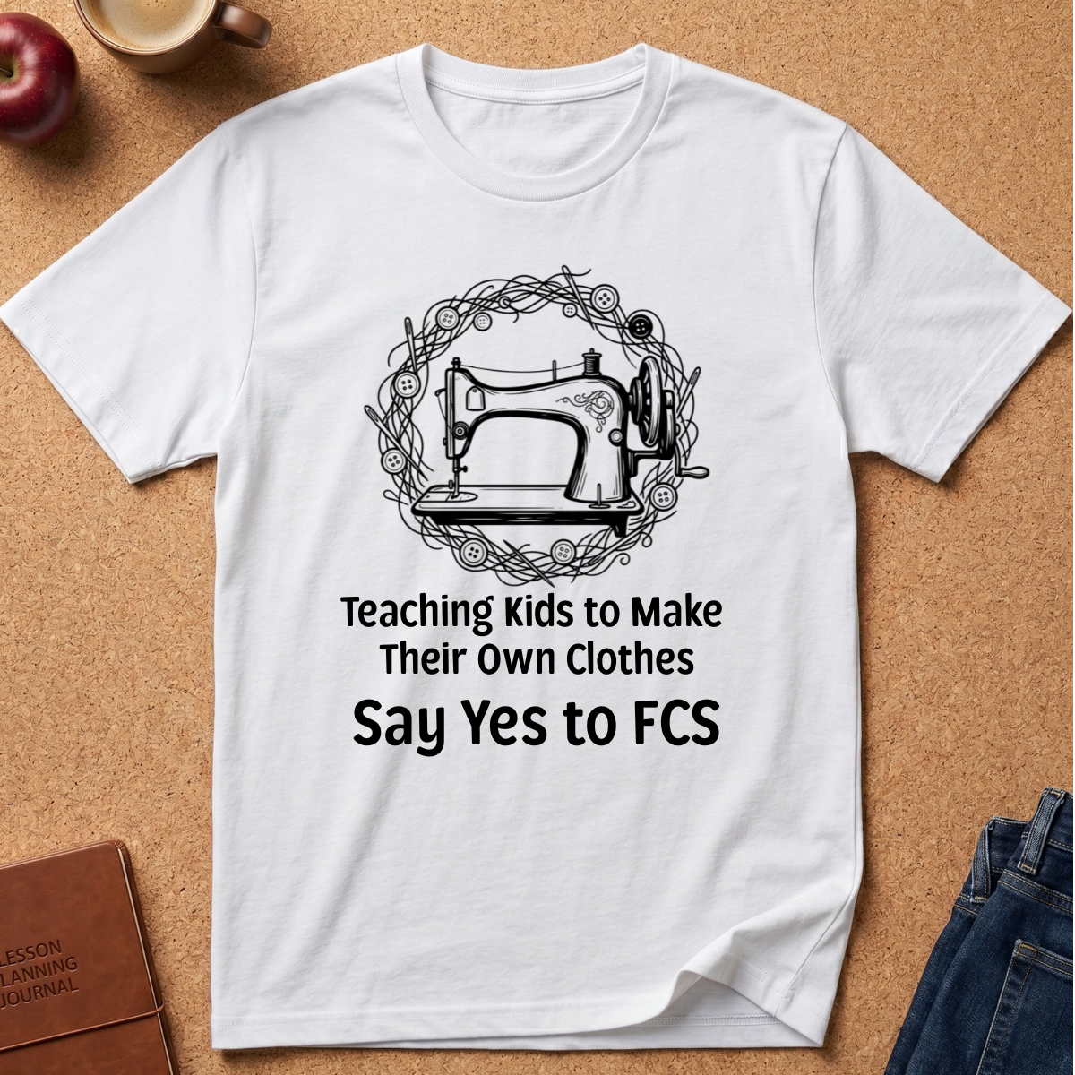 A white short-sleeve graphic T-shirt laid flat on a cork background, featuring a black sewing machine illustration surrounded by yarn and the text 'Teaching Kids to Make Their Own Clothes Say Yes to FCS.' Decorative props including an apple, a coffee cup, and folded jeans are partially visible around the shirt.