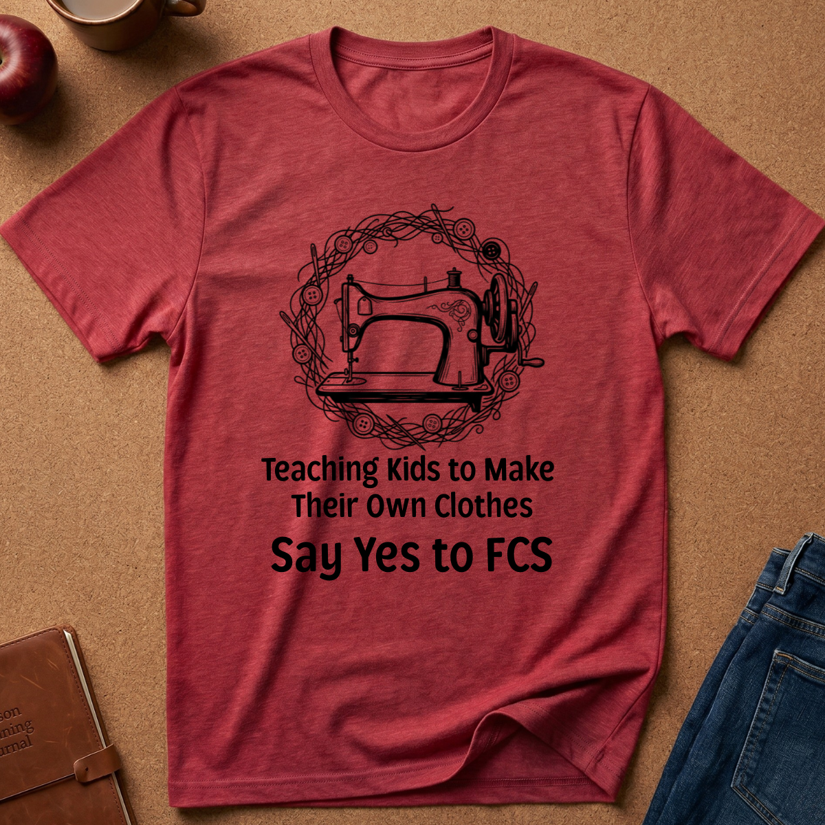 A heathered red short-sleeve t-shirt laid flat on a brown cork-like surface, featuring a black graphic of a sewing machine inside a circular wreath and the text 'Teaching Kids to Make Their Own Clothes Say Yes to FCS'. Styled flat-lay props include a brown notebook, an apple, a mug, and blue jeans.