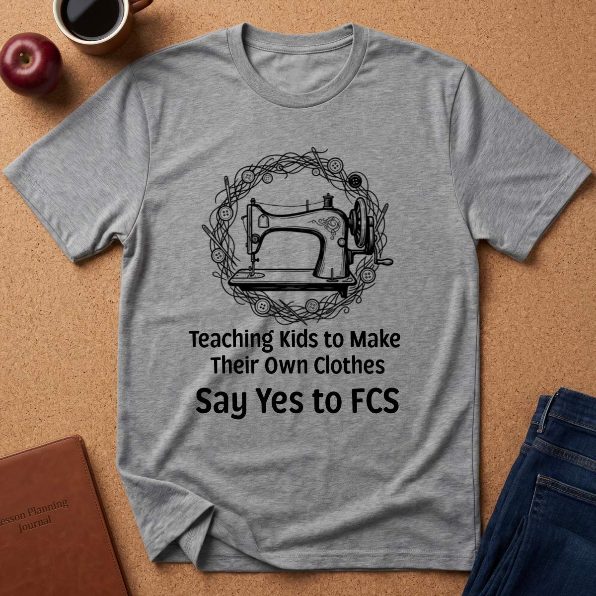 A heather gray short-sleeve t-shirt laid flat on a cork background, featuring a black graphic of a sewing machine inside a circular wreath and the text 'Teaching Kids to Make Their Own Clothes Say Yes to FCS'. Styled flat-lay props include a coffee mug, an apple, a journal, and folded blue jeans.