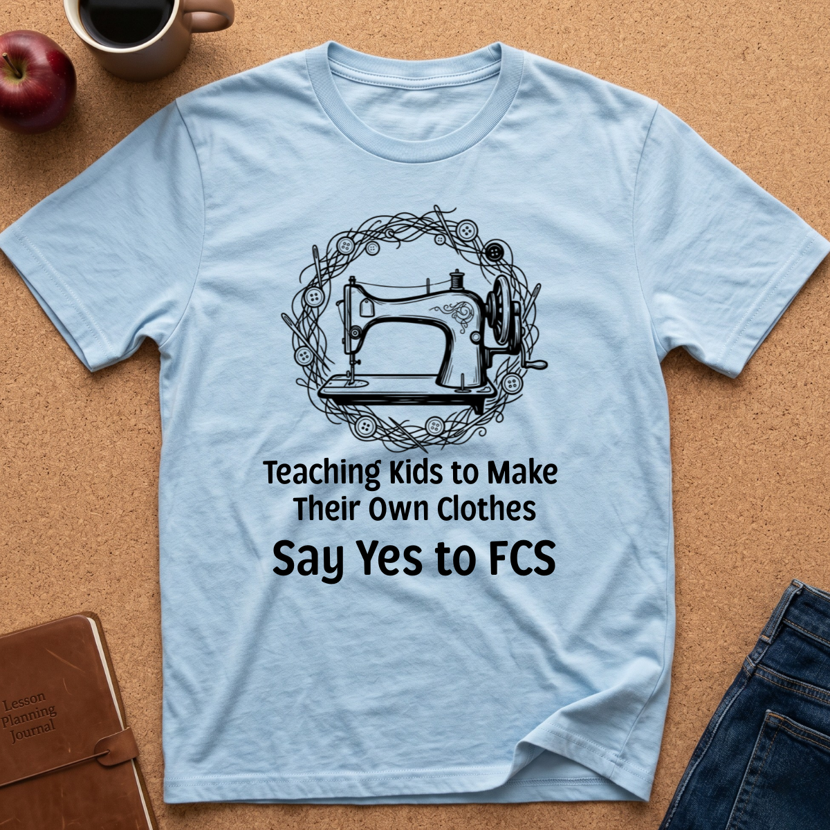 A light blue graphic t-shirt laid flat on a cork background, featuring a black sewing machine illustration and the text 'Teaching Kids to Make Their Own Clothes Say Yes to FCS'. A coffee mug, apple, notebook, and jeans are styled around it.
