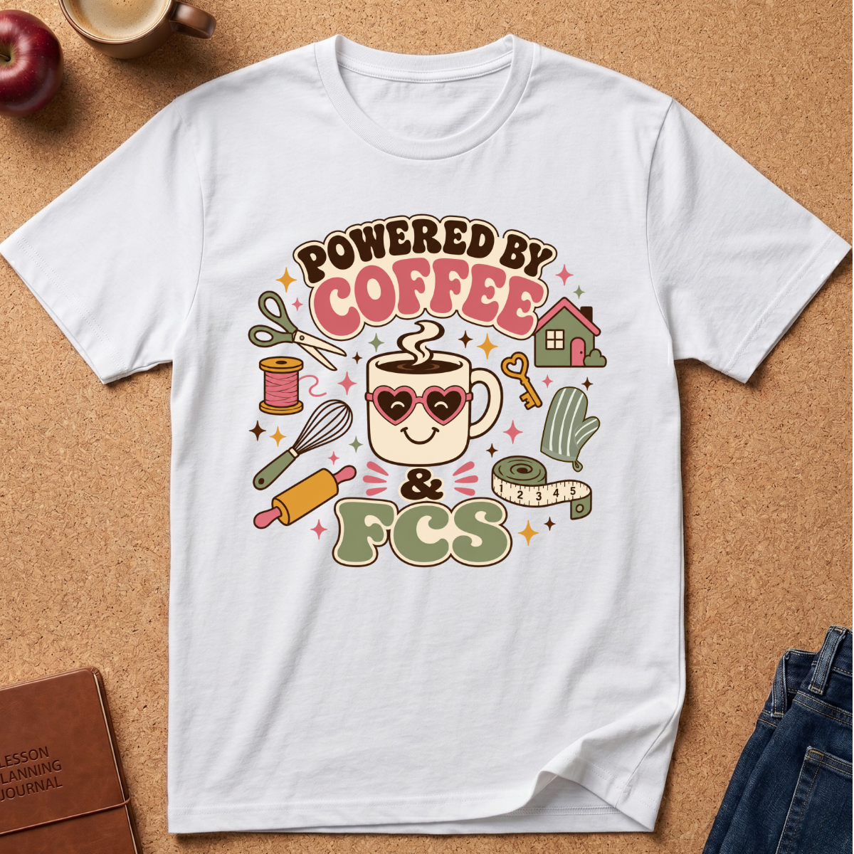 A white short-sleeve t-shirt laid flat on a cork background, featuring a colorful retro graphic that reads 'POWERED BY COFFEE & FCS' with illustrated coffee-themed icons including a smiling coffee cup, scissors, thread, whisk, rolling pin, house, and heart details.