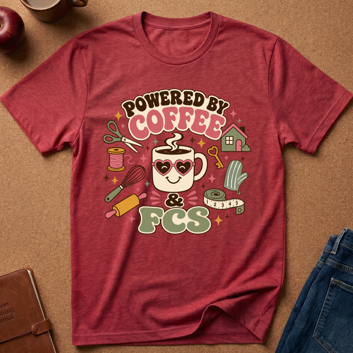 A heathered red graphic t-shirt laid flat on a brown textured background, surrounded by lifestyle props like jeans, an apple, and a notebook. The t-shirt features a retro-style graphic with the text 'POWERED BY COFFEE & FCS' and a cute coffee mug surrounded by sewing and baking tools.