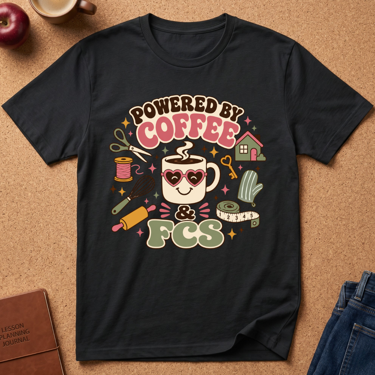 A black graphic t-shirt laid flat on a brown cork background, featuring a colorful retro design that reads 'POWERED BY COFFEE & FCS' with a coffee mug, scissors, and other kitchen/cooking-themed illustrations.
