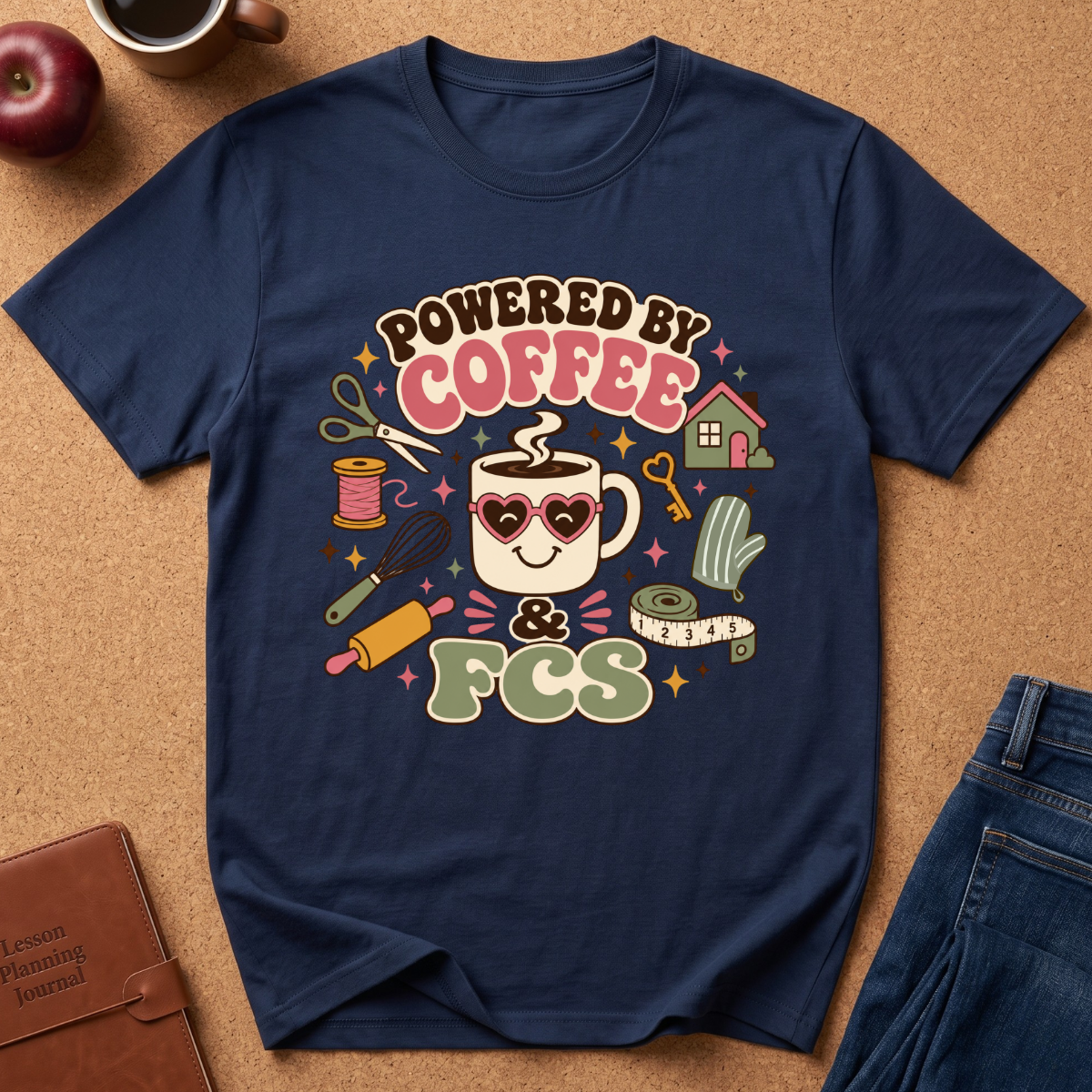 A navy blue graphic t-shirt laid flat on a brown cork background, surrounded by lifestyle props including a coffee mug, an apple, a leather journal, and blue jeans. The t-shirt features a colorful graphic that reads 'POWERED BY COFFEE & FCS' with cute illustrations of a coffee mug, scissors, thread, and other coffee-themed items.