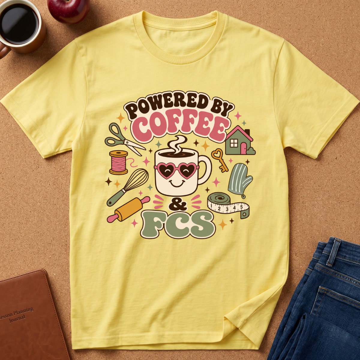 A pale yellow graphic T-shirt laid flat on a cork surface, surrounded by coffee-themed props including a mug of black coffee, an apple, a notebook, and folded blue jeans. The shirt features a colorful central print reading 'POWERED BY COFFEE & FCS' with illustrated coffee cup, scissors, thread, rolling pin, house, key, and other small coffee-related icons.