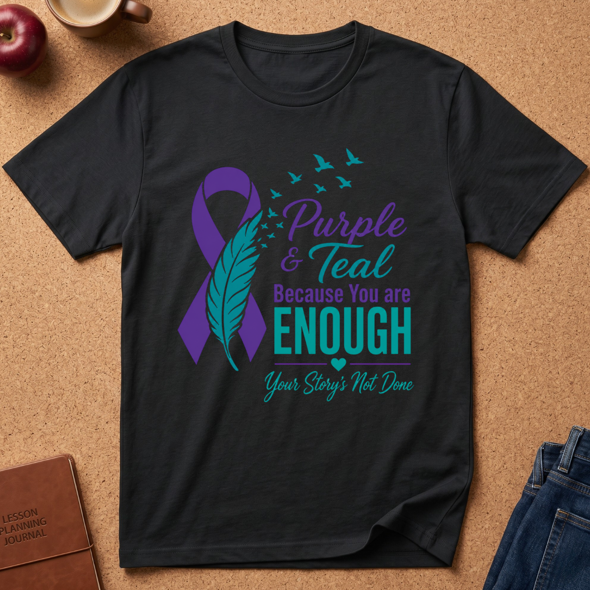 A black short-sleeve graphic T-shirt laid flat on a cork surface, featuring a purple and teal ribbon, feather, birds, and the text 'Purple & Teal Because You are ENOUGH Your Story: Not Done.' A red apple, coffee cup, journal, and jeans are partially visible around it as styling props.
