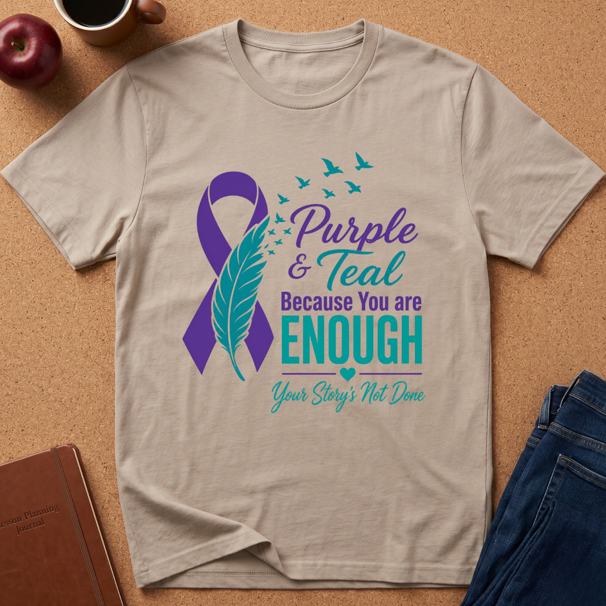 A beige graphic t-shirt laid flat on a cork background, featuring a purple and teal ribbon and feather design with the text 'Purple & Teal Because You are ENOUGH Your Story: Not Done'. Props like an apple, coffee cup, notebook, and jeans are visible around the shirt.