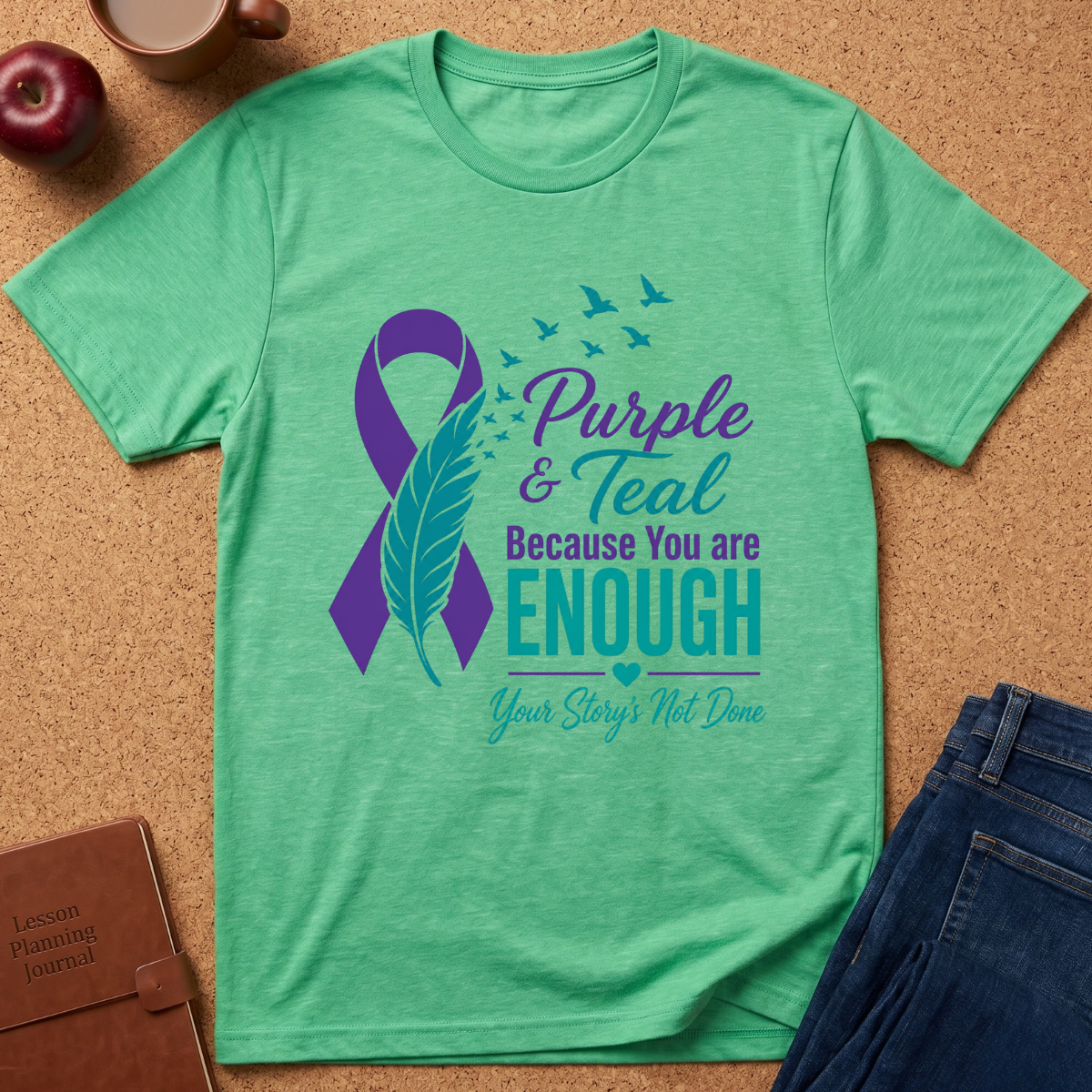 A mint green short-sleeve t-shirt laid flat on a cork background, featuring a purple and teal ribbon and feather graphic with the text 'Purple & Teal Because You are ENOUGH Your Story's Not Done.' Styled flat-lay props include an apple, coffee cup, brown journal, and blue jeans.