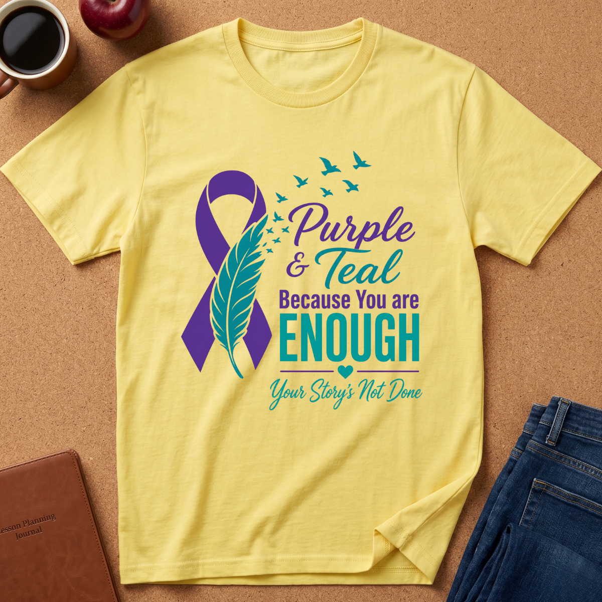 A yellow short-sleeve graphic T-shirt laid flat on a cork surface, featuring a purple and teal awareness ribbon, birds, and the text 'Purple & Teal Because You are ENOUGH Your Story: Not Done.' Surrounding props include a coffee cup, apple, notebook, and jeans.