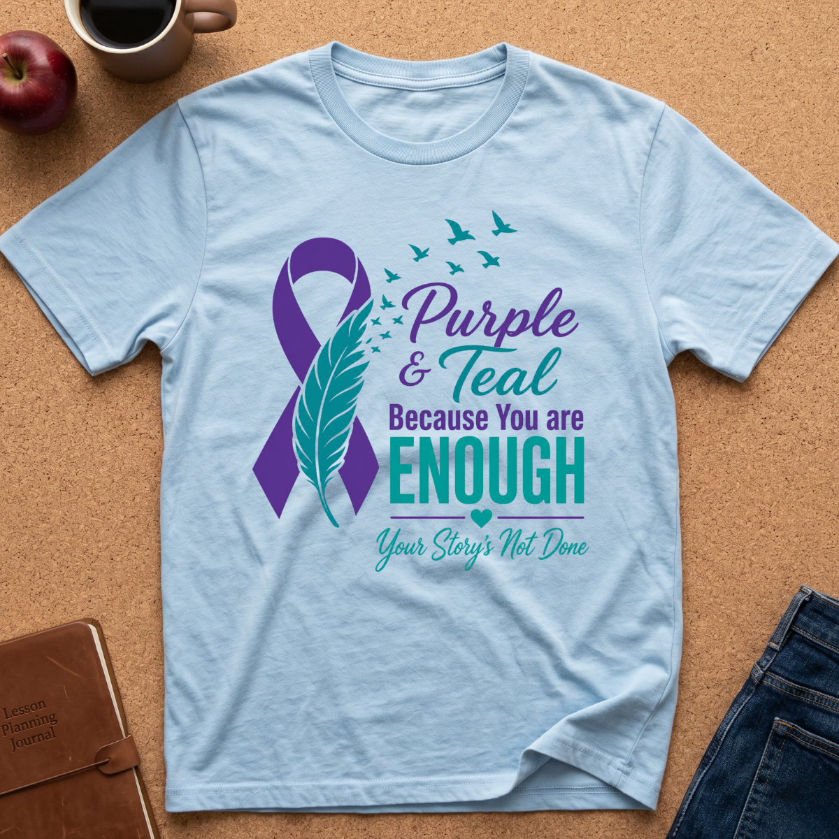 A light blue graphic t-shirt laid flat on a cork background, featuring a purple and teal ribbon, feather, birds, and the text 'Purple & Teal Because You are ENOUGH Your Story: Not Done'. Surrounding props include a coffee mug, an apple, a notebook, and folded jeans.