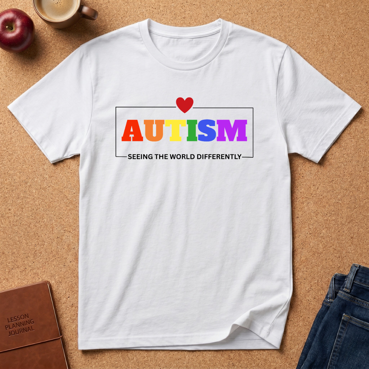 A white short-sleeve T-shirt laid flat on a cork surface, featuring a rainbow-colored 'AUTISM' graphic with a small red heart above it and the phrase 'SEEING THE WORLD DIFFERENTLY' below. Surrounding props include an apple, a coffee cup, a notebook, and folded jeans.
