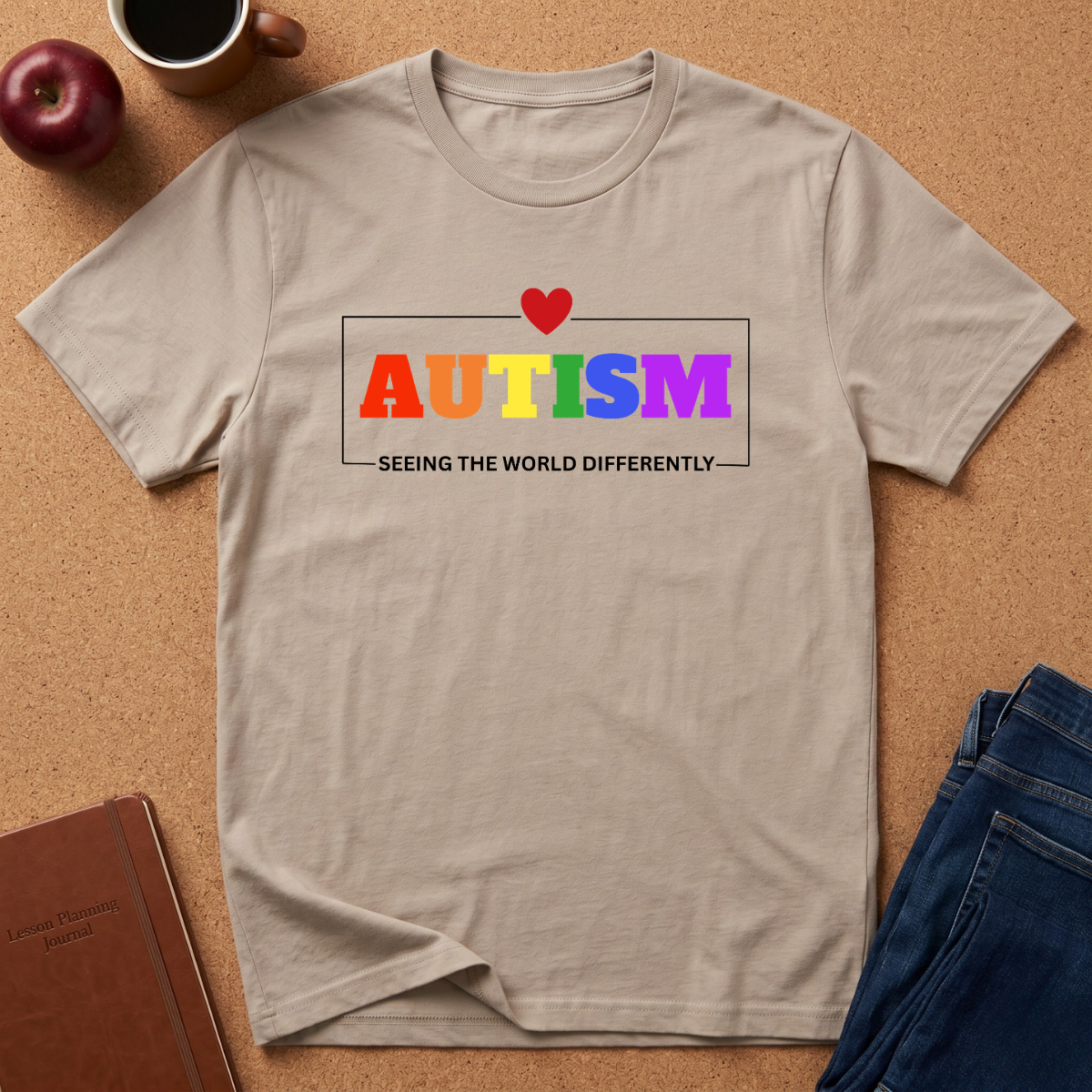 A beige graphic t-shirt laid flat on a cork background, featuring the word 'AUTISM' in rainbow colors with a small red heart above it and the phrase 'SEEING THE WORLD DIFFERENTLY' underneath. Styled flat-lay props include an apple, a coffee mug, a brown journal, and folded blue jeans.