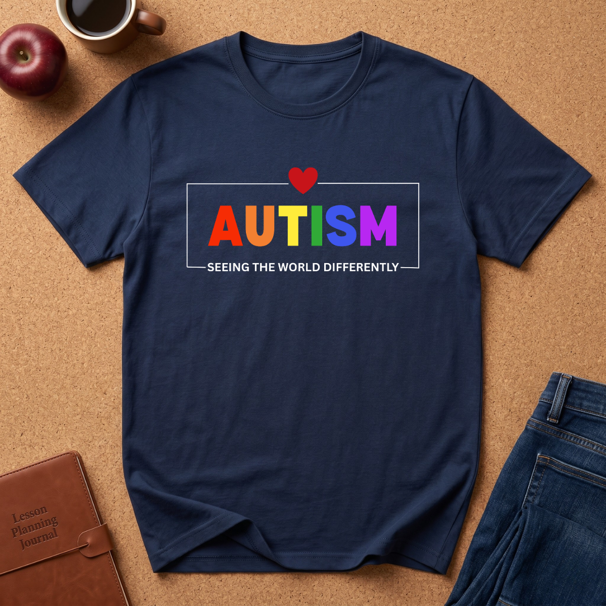 A navy blue short-sleeve t-shirt with a colorful 'AUTISM' graphic and the phrase 'SEEING THE WORLD DIFFERENTLY' printed on the front, styled in a flat lay on a cork background with an apple, coffee cup, brown journal, and blue jeans.