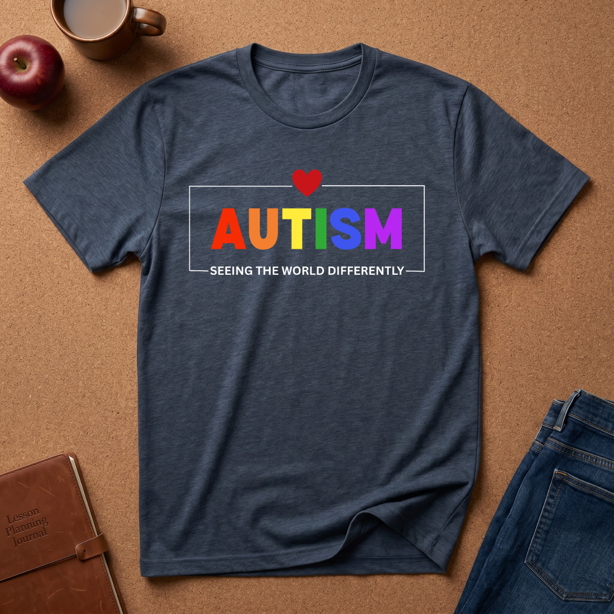 A heather navy blue t-shirt laid flat on a brown cork background, featuring a graphic that reads 'AUTISM' in rainbow letters with a small red heart above it and the phrase 'SEEING THE WORLD DIFFERENTLY' below. Styled flat-lay props include an apple, a coffee cup, a notebook, and folded jeans.