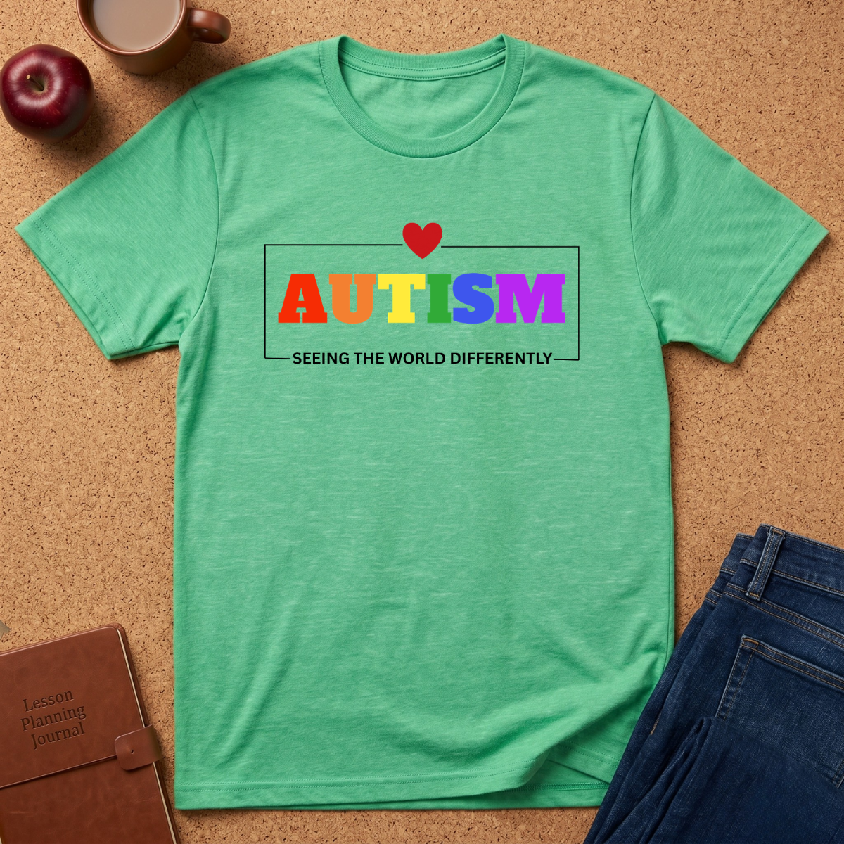 A green heather crewneck t-shirt laid flat on a cork background, featuring a colorful graphic that reads 'AUTISM' in rainbow letters with a small red heart above it and the phrase 'SEEING THE WORLD DIFFERENTLY' below. Styled flat-lay props include an apple, coffee cup, brown journal, and blue jeans.