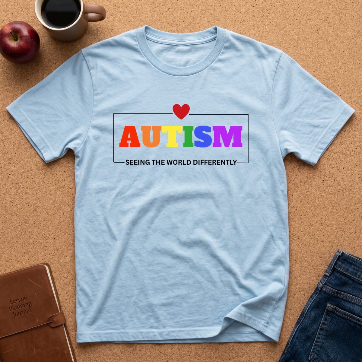 A light blue crewneck t-shirt laid flat on a cork background, featuring a colorful graphic that reads 'AUTISM' in rainbow letters with a small red heart above and the phrase 'SEEING THE WORLD DIFFERENTLY' below. Styled flat-lay props include a coffee mug, an apple, a notebook, and jeans.
