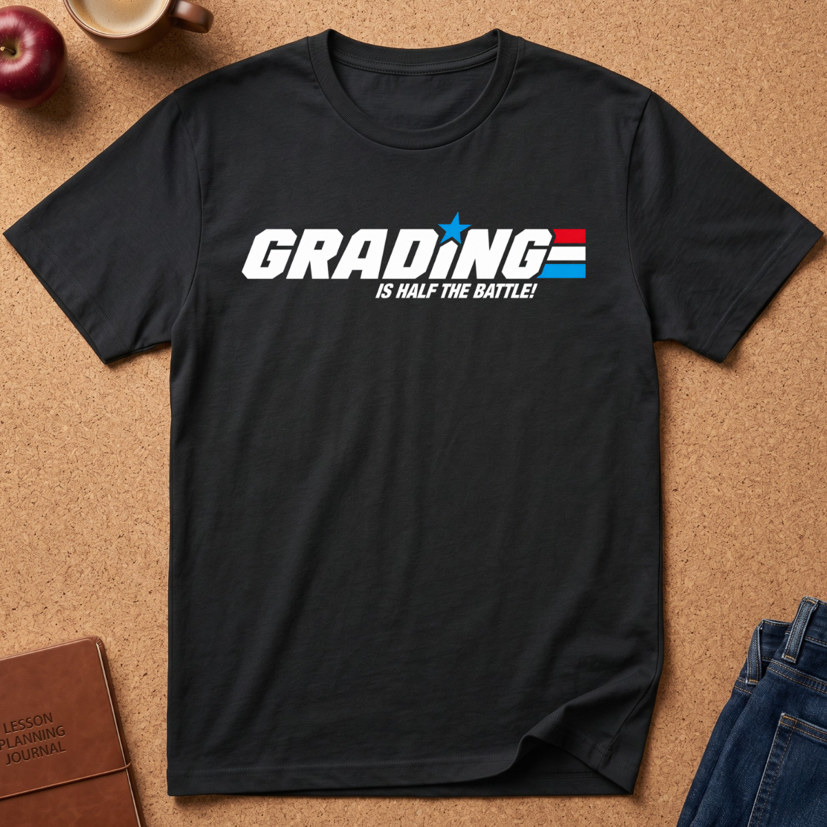 A black short-sleeve t-shirt with a graphic reading 'GRADING IS HALF THE BATTLE!' in white, blue, and red, styled in a flat lay on a cork background with an apple, coffee cup, notebook, and jeans nearby.