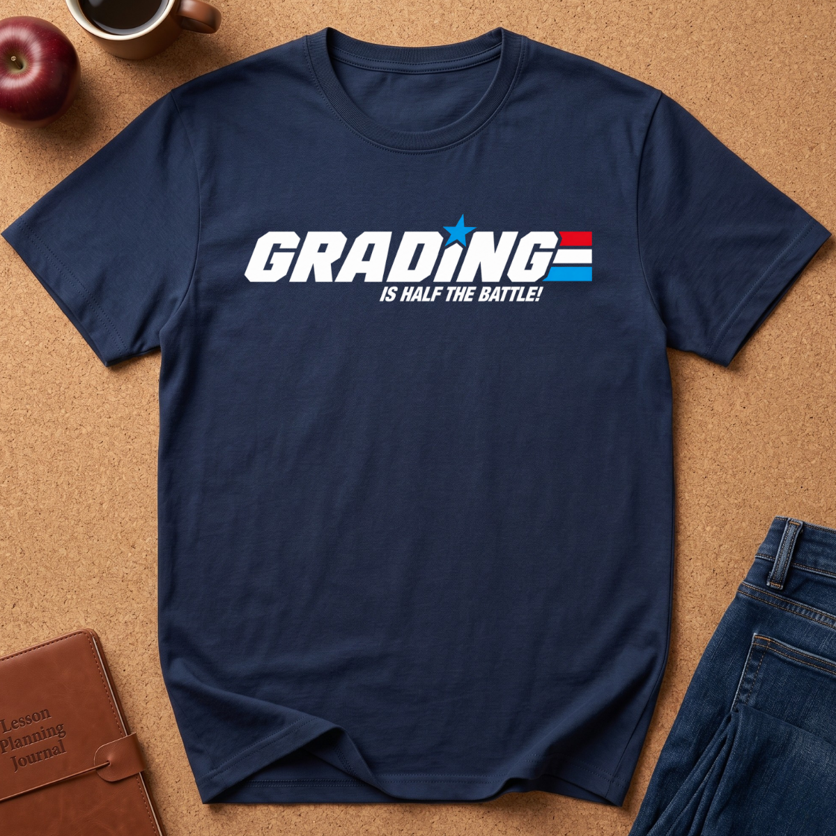 A navy blue short-sleeve t-shirt with a graphic reading 'GRADING IS HALF THE BATTLE!' in white, blue, and red, styled in a flat lay on a cork background with an apple, coffee cup, notebook, and jeans nearby.