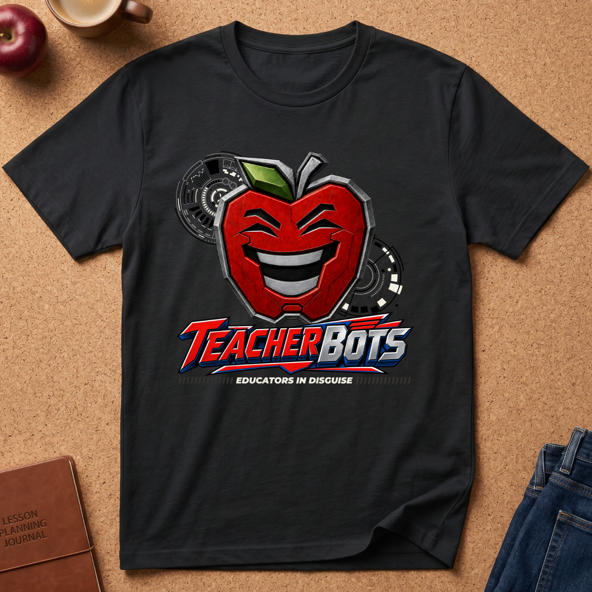 A black short-sleeve graphic T-shirt laid flat on a cork surface, featuring a large red smiling apple with metallic details and the text 'TeacherBots' and 'Educators in Disguise.' Surrounding props include an apple, a mug, a journal, and jeans.