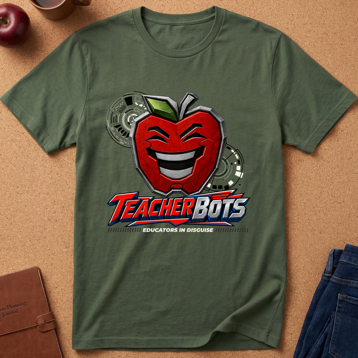An olive green short-sleeve t-shirt laid flat on a cork background, featuring a large graphic of a red smiling apple with gears and the text 'TeacherBots Educators in Discourse'.